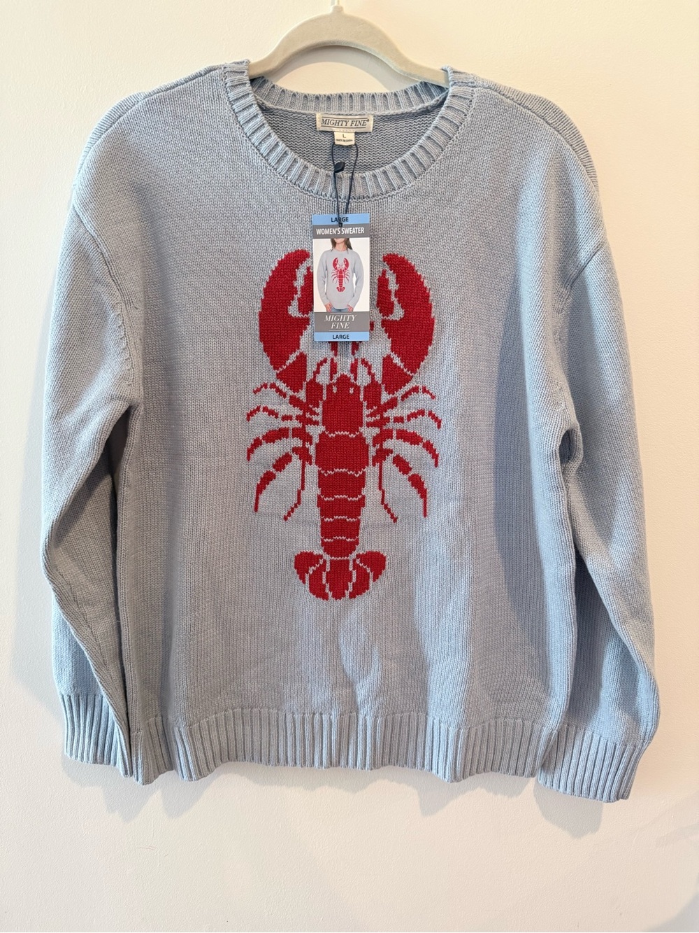 Mighty Fine Light Blue Crewneck Sweater with Red Lobster Motif